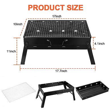 Foldable BBQ Charcoal Grill, 17x10x2.1'', Easy Setup, ldeal for Camping, Picnics, and Grilling