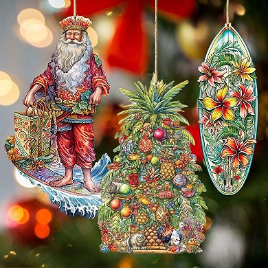 Santa Around The World - Hawaiian Santa - Christmas Wooden Ornaments Set Of 3 By G. Debrekht