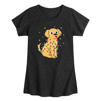 Girls Dog Wrapped In Christmas Lights Graphic Tee