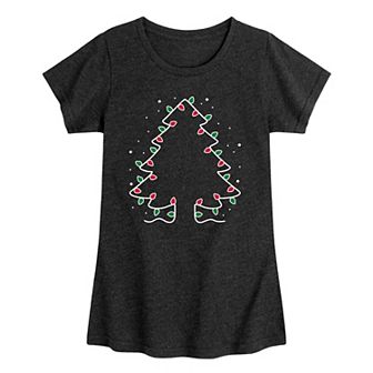 Girls Christmas Tree String Lights Graphic Tee