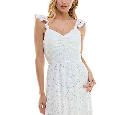 Juniors' Lily Rose Molded Cup Flutter Sleeve Eyelet Midi Dress
