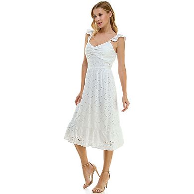 Juniors' Lily Rose Molded Cup Flutter Sleeve Eyelet Midi Dress