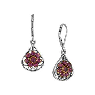 1928 Silver Tone Purple Crystal Flower Teardrop Earrings