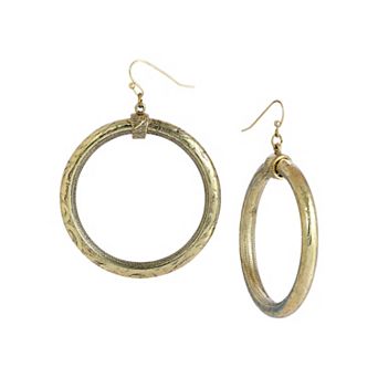 1928 Antiqued Gold Tone Large Hoop Drop Earrings
