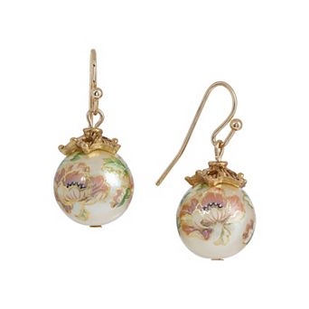 1928 Gold Tone Floral Simulated Pearl Drop Earrings