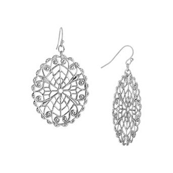 1928 Silver Tone Oval Filigree Drop Earrings