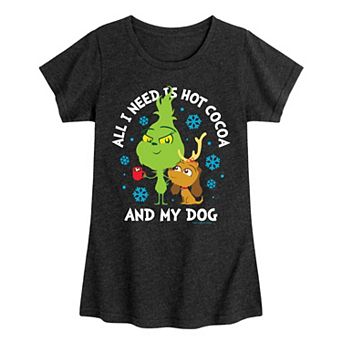 Girls The Grinch Hot Cocoa And My Dog Graphic Tee