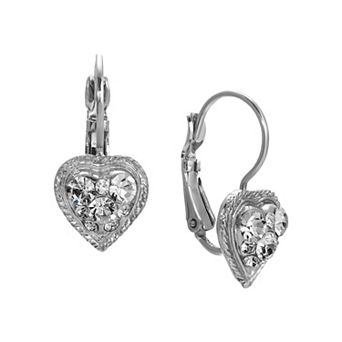 1928 Silver Tone Crystal Heart Drop Earrings