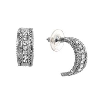 1928 Silver Tone and Crystal Hoop Earrings