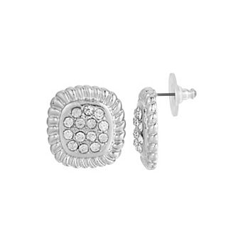 1928 Silver Tone Crystal Square Pave Button Stud Earrings