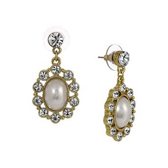 1928 Gold Tone and Faux Pearl Oval Drop Earrings