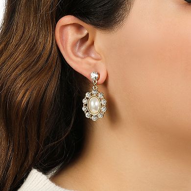 1928 Gold Tone and Faux Pearl Oval Drop Earrings