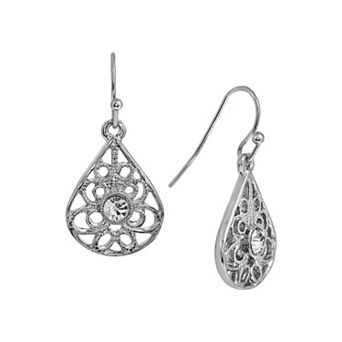 1928 Silver Tone Crystal Filigree Teardrop Earrings