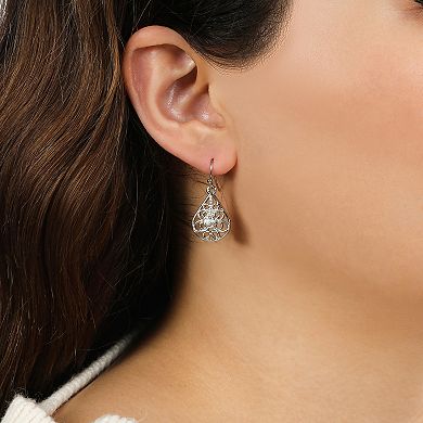 1928 Silver Tone Crystal Filigree Teardrop Earrings