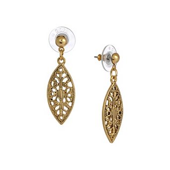 1928 Gold Tone Filigree Post Drop Earrings