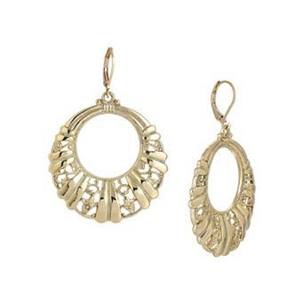 1928 Gold Tone Filigree Front Face Hoop Earrings