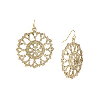 1928 Gold Tone Round Filigree Drop Earrings