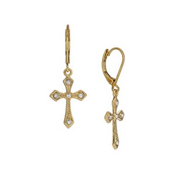 1928 Gold Tone Crystal Cross Drop Earrings
