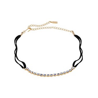 1928 Gold Tone Crystal & Faux Suede Choker Necklace