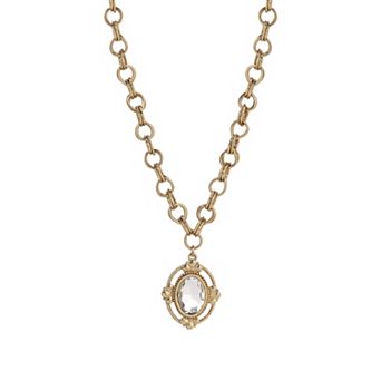 1928 Gold Tone Crystal Faceted Oval Pendant Necklace