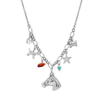 1928 Silver Tone Multi-Charm Horse Collar Necklace