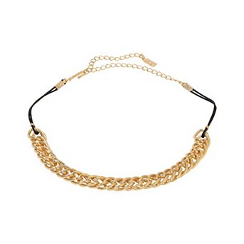 1928 Gold Tone Chain Thin Black Rope Choker Necklace