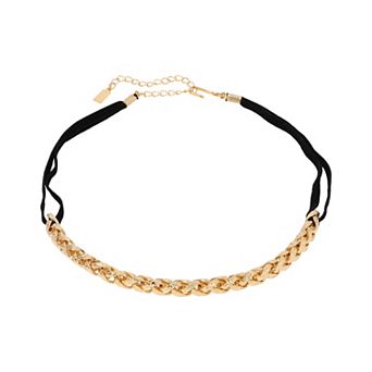 1928 Gold Tone Wheat Chain Black Velvet Necklace