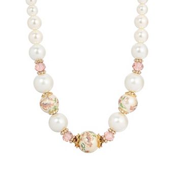 1928 Gold Tone Flower Decal Graduated Simulated Pearl Necklace