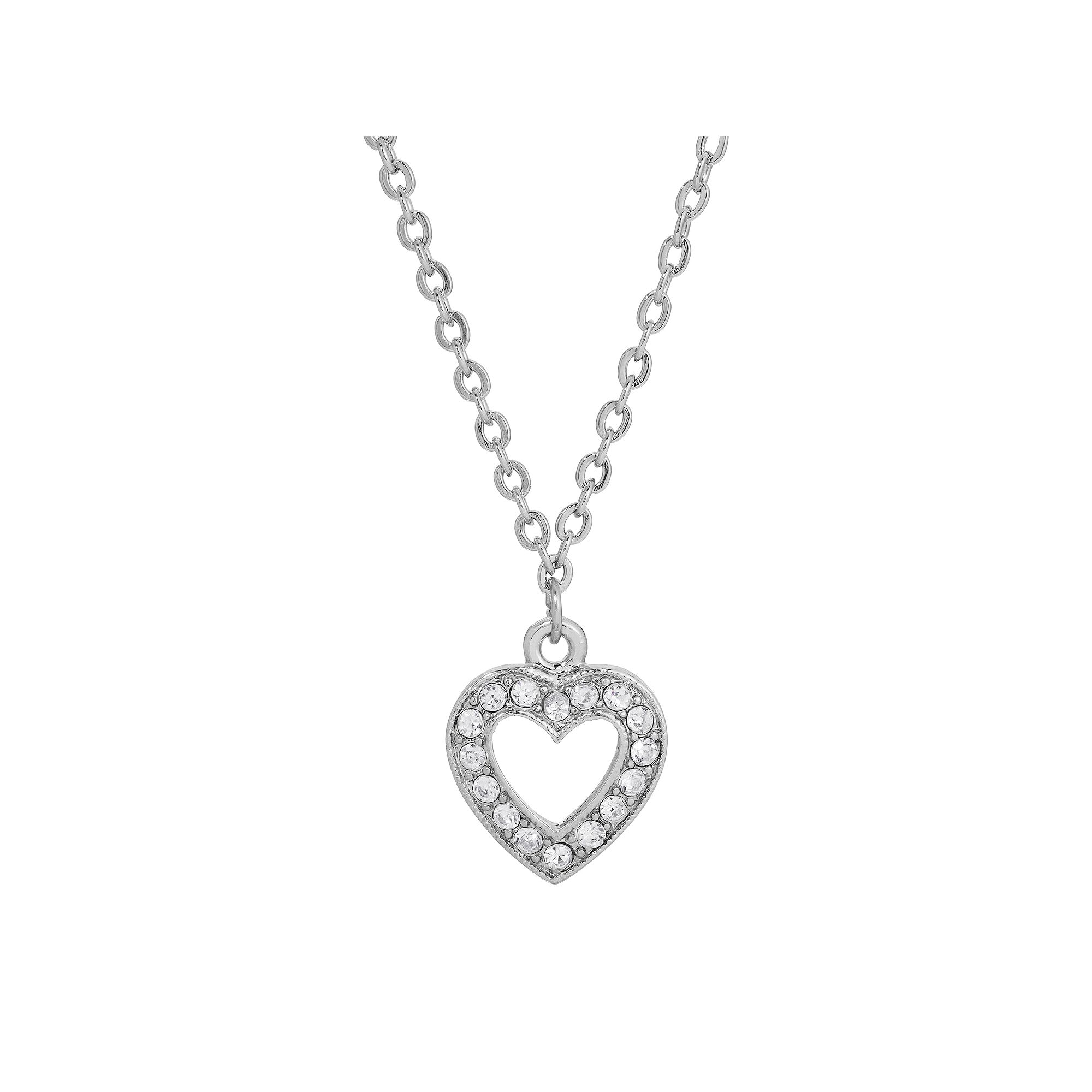 1928 Silver Tone Simulated Crystal Heart Pendant Necklace, Womens, White