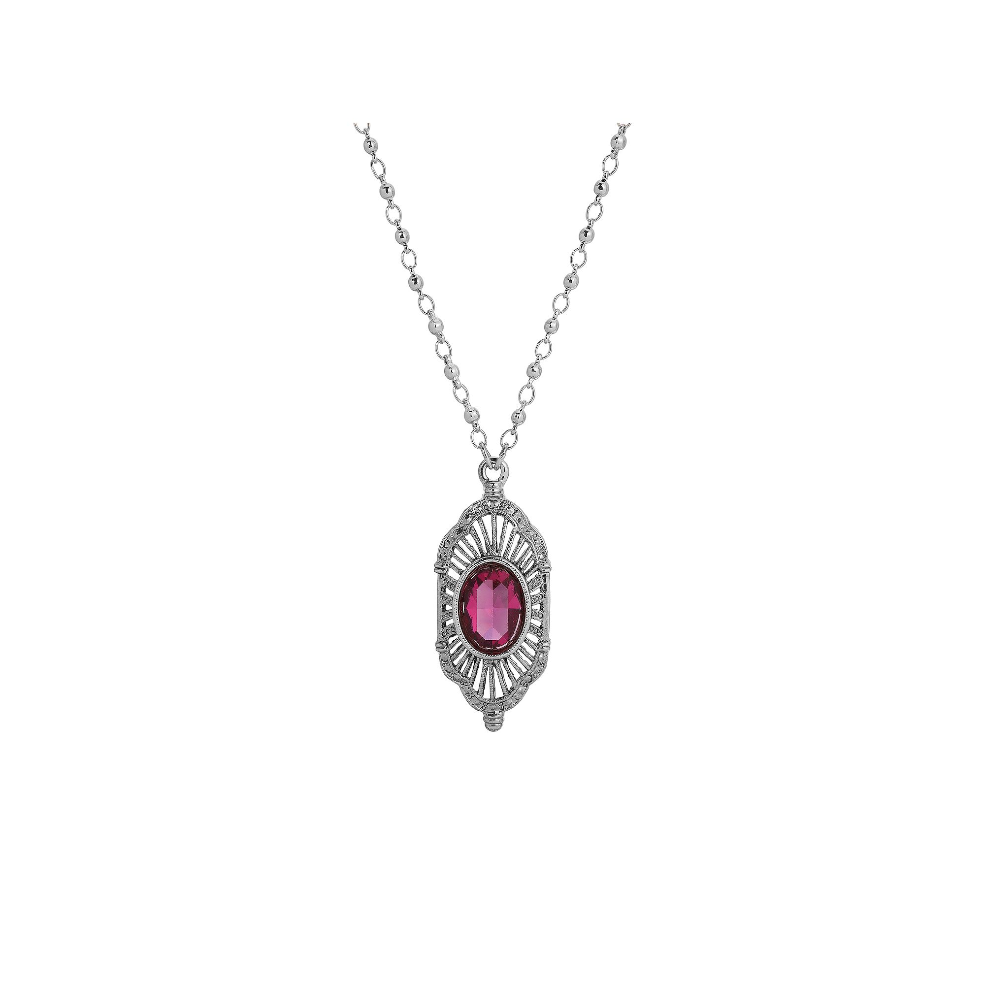 1928 Silver Tone Pink Pendant Necklace, Womens