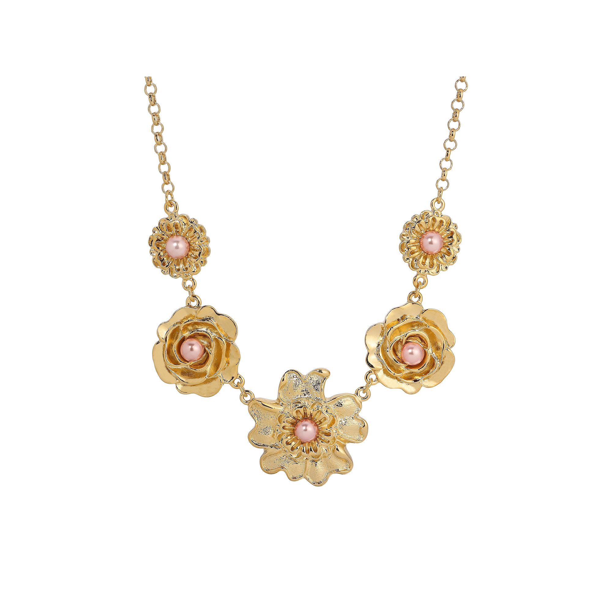 1928 Gold Tone Pink & Faux Pearl Flower Collar Necklace, Womens