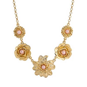 1928 Gold Tone Pink & Faux Pearl Flower Collar Necklace