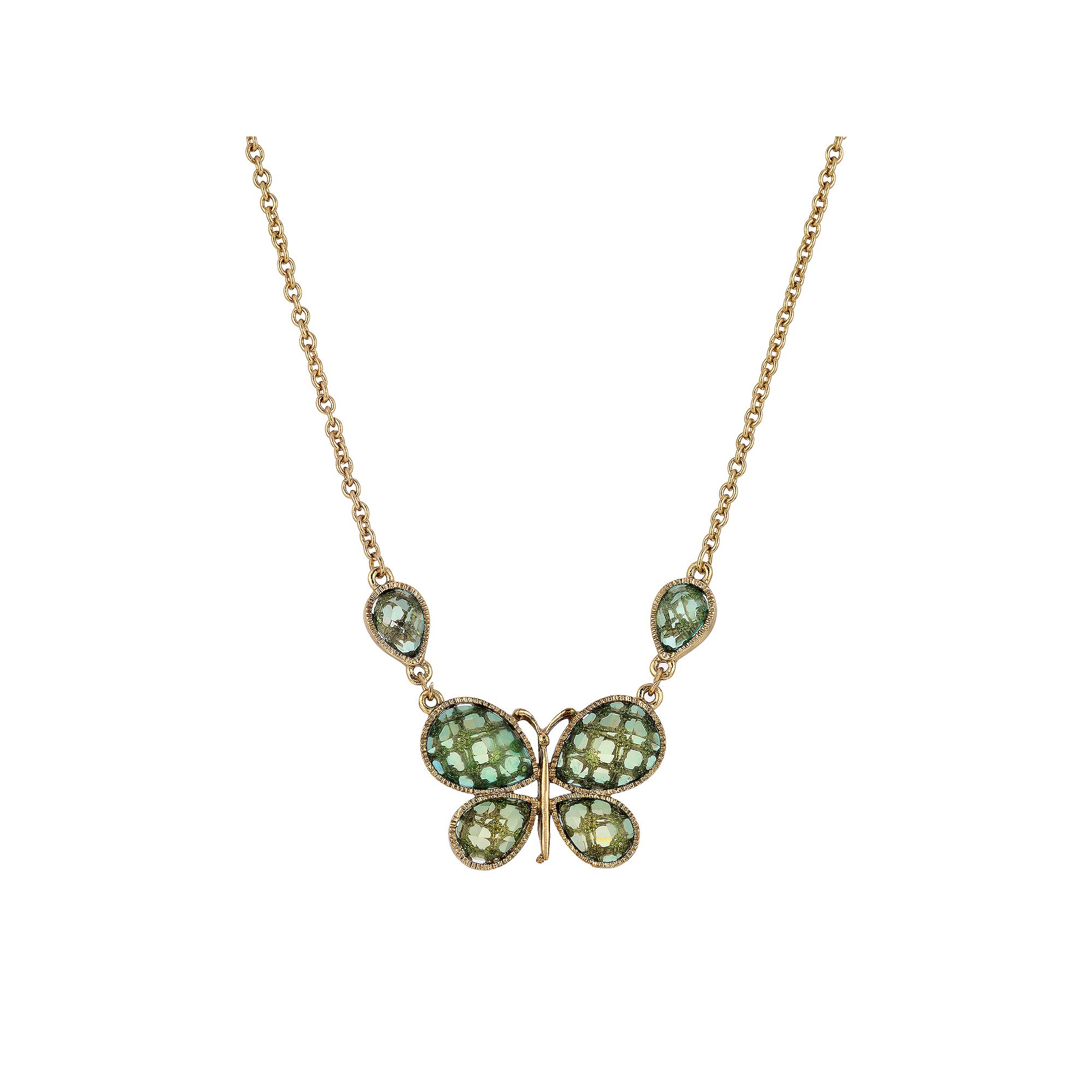 1928 Gold Tone & Green Stone Faceted Butterfly Necklace, Womens