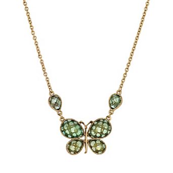 1928 Gold Tone & Green Stone Faceted Butterfly Necklace
