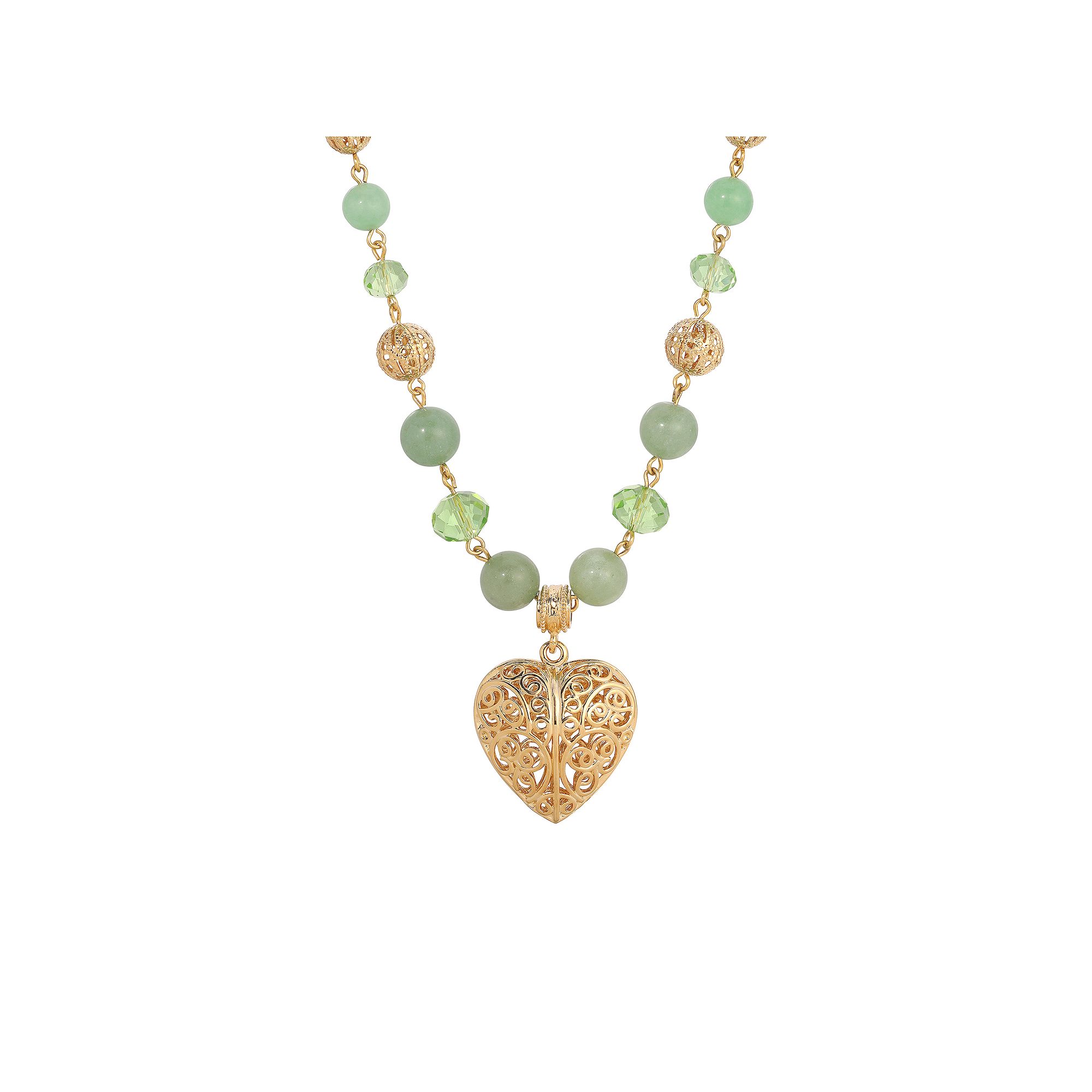 1928 Gold Tone & Green Bead Filigree Heart Pendant Necklace, Womens