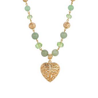 1928 Gold Tone & Green Bead Filigree Heart Pendant Necklace