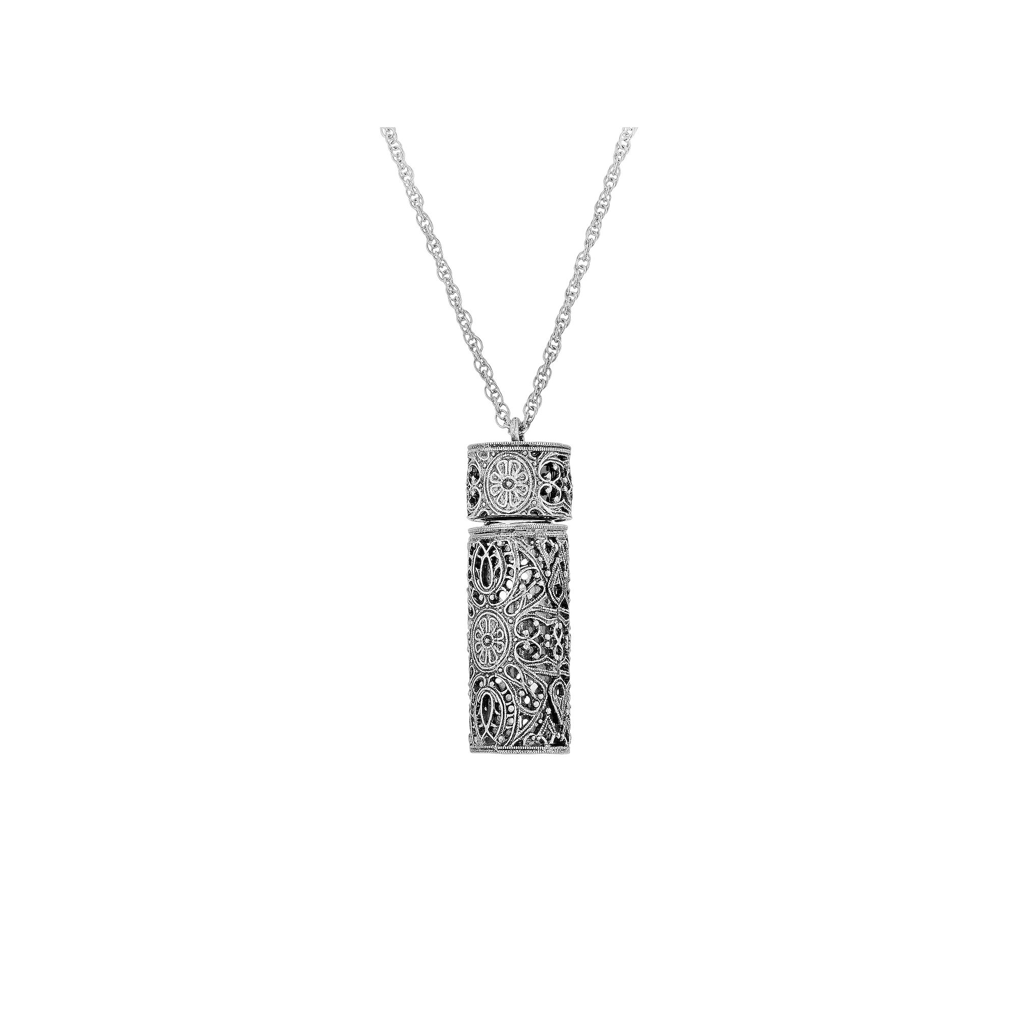 1928 Antiqued Pewter Filigree Glass Vial Necklace, Womens, Gray