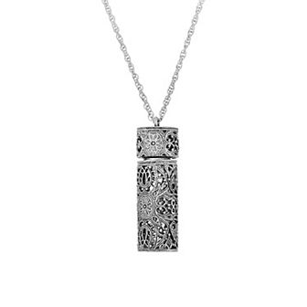 1928 Antiqued Pewter Filigree Glass Vial Necklace
