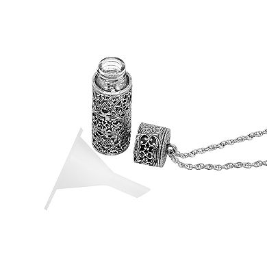 1928 Antiqued Pewter Filigree Glass Vial Necklace
