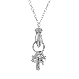 1928 Antiqued Pewter Hand and Multiple Cross Charm Necklace