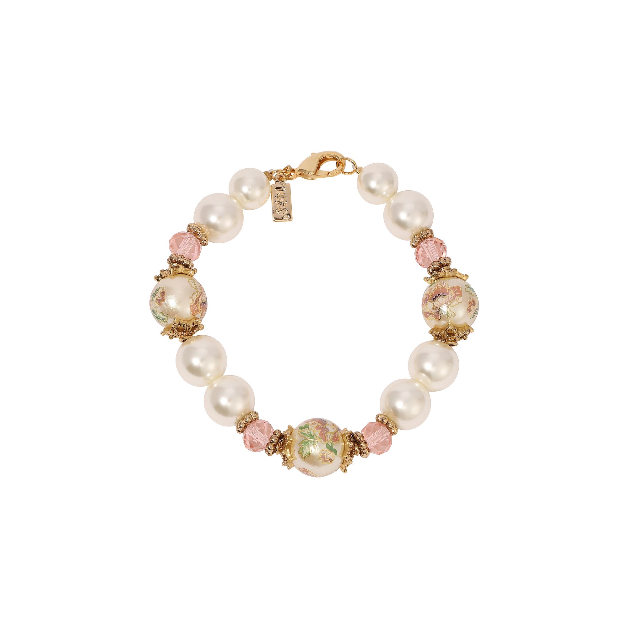 1928 Gold Tone Flower Decal Faux Pearl Pink Crystal Bracelet, Womens, Whit