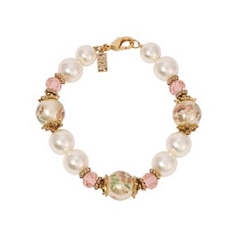 1928 Gold Tone Flower Decal Faux Pearl Pink Crystal Bracelet
