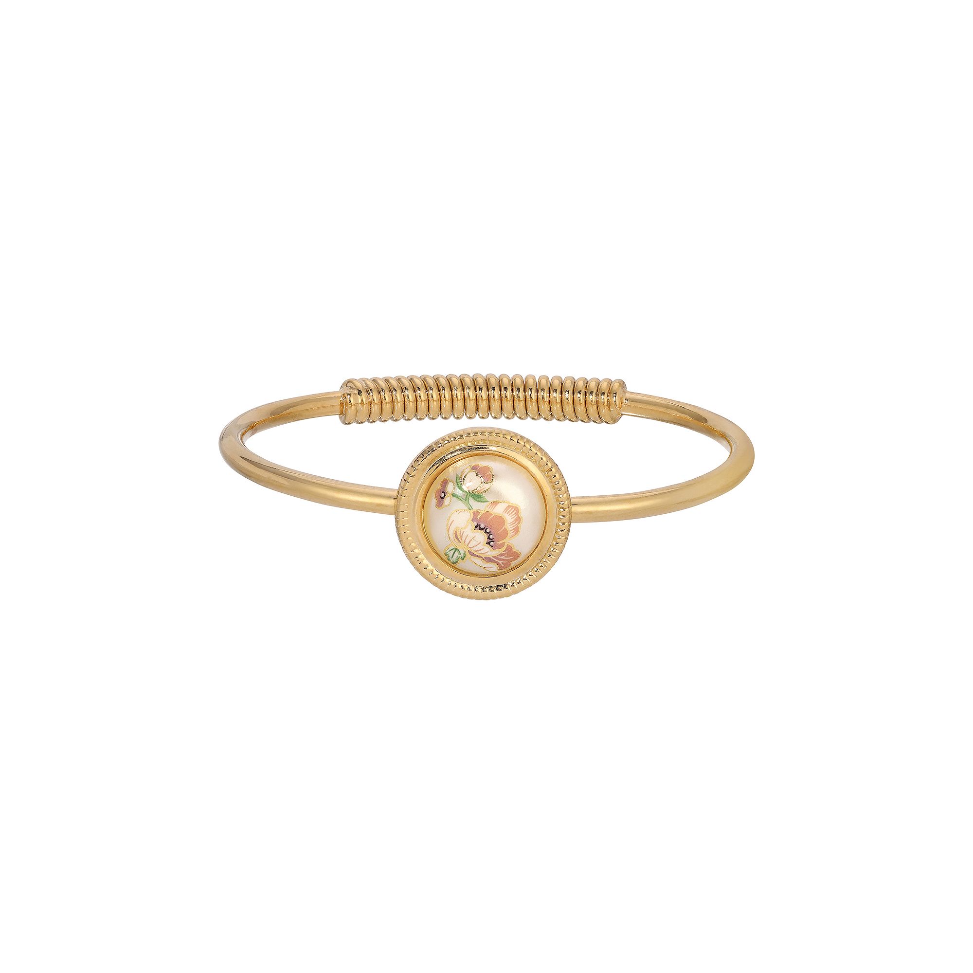 1928 Gold Tone Flower Decal Hinge Bracelet, Womens, White