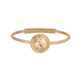 1928 Gold Tone Flower Decal Hinge Bracelet