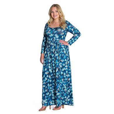 Plus Size 24Seven Comfort Apparel Blue Abstract Long Sleeve Pleated Maxi Dress