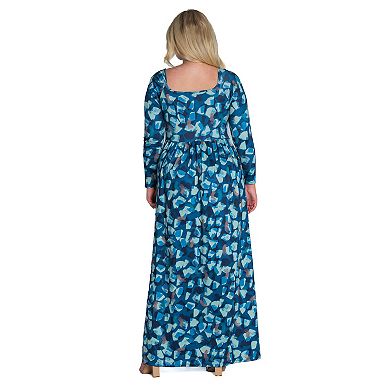 Plus Size 24Seven Comfort Apparel Blue Abstract Long Sleeve Pleated Maxi Dress