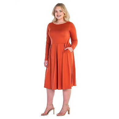 Plus Size 24seven Comfort Apparel Long Sleeve Fit & Flare Midi Dress