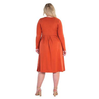 Plus Size 24seven Comfort Apparel Long Sleeve Fit & Flare Midi Dress