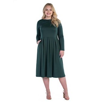 Plus Size 24seven Comfort Apparel Long Sleeve Fit & Flare Midi Dress