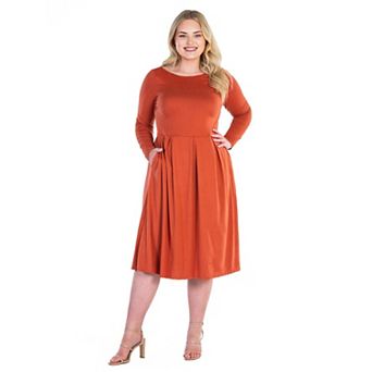 Plus Size 24seven Comfort Apparel Long Sleeve Fit & Flare Midi Dress